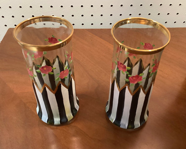 Pair McKenzie Childs Hand Painted Artisan Highball Glasses