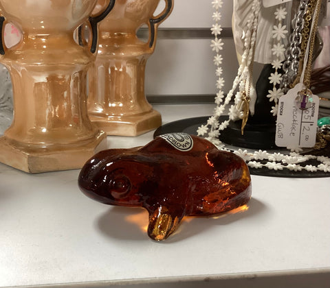 Pilgrim Handblown Amber Glass Frog Paperweight