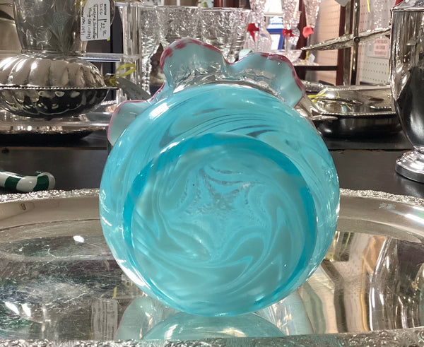 Fenton Aqua Blue Swirl Glass Vase Ruffled Edge Red Trim