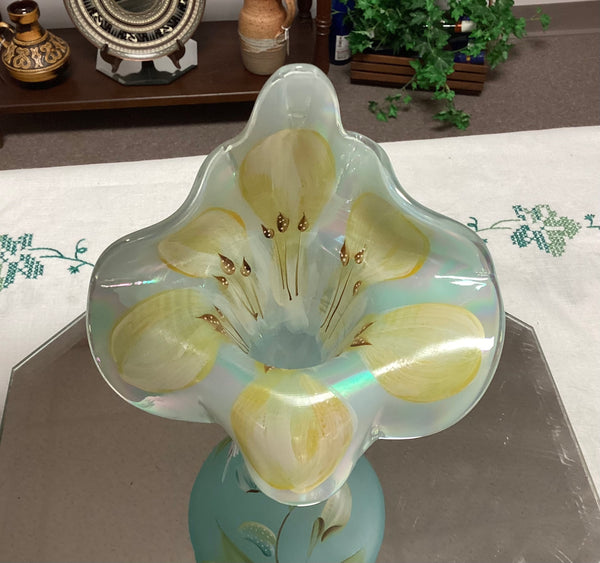 Fenton Glass 100th Anniversary Hand Painted Iridescent Aquamarine Tulip Vase