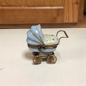 Limoges Hinged Porcelain Trinket Box Pram w/ Sleeping Baby