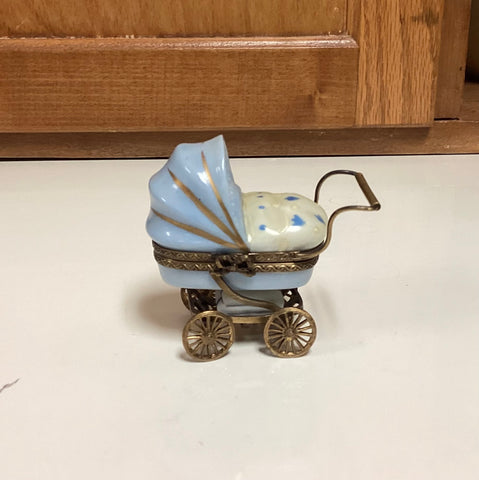 Limoges Hinged Porcelain Trinket Box Pram w/ Sleeping Baby