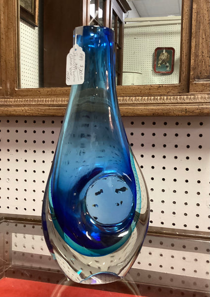 Italian Murano Style Art Glass Blue Tear Drop Vase