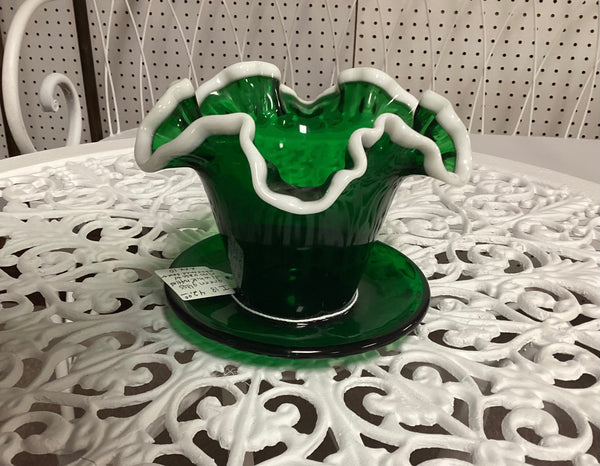 Fenton Emerald Green Snow Crest Flower Pot w/ Attached Saucer