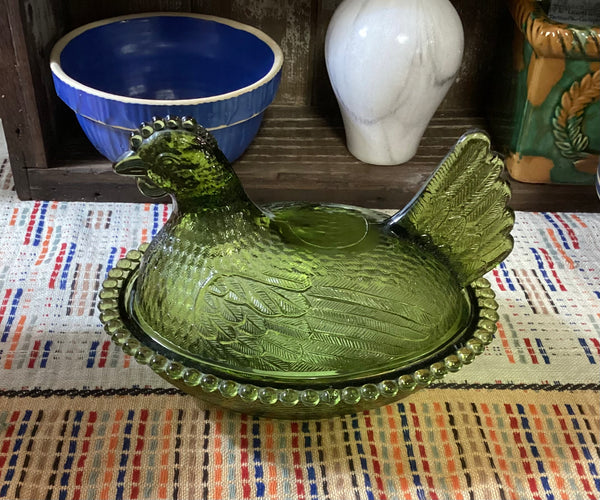 Indiana Glass Hen on Nest Dish Olive Green
