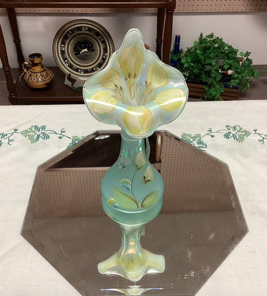 Fenton Glass 100th Anniversary Hand Painted Iridescent Aquamarine Tulip Vase