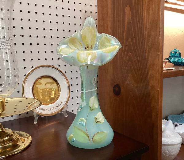 Fenton Glass 100th Anniversary Hand Painted Iridescent Aquamarine Tulip Vase