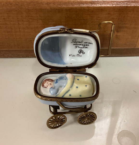 Limoges Hinged Porcelain Trinket Box Pram w/ Sleeping Baby