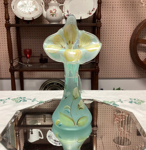 Fenton Glass 100th Anniversary Hand Painted Iridescent Aquamarine Tulip Vase