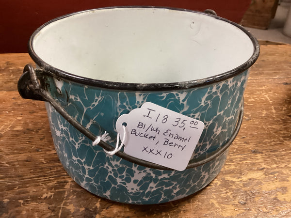 Blue & White Enamelware Berry Bucket w/ Swinging Handle