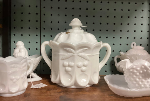Westmoreland Cherry Milk Glass Biscuit Jar