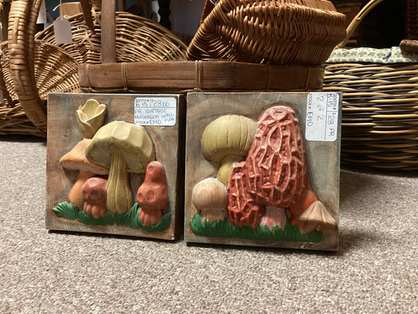 Painted Bisque Ware Mushroom Wall Plaques (Pair)