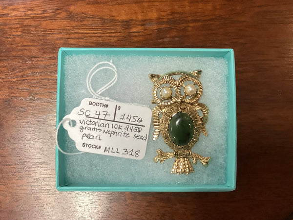 Victorian 10K Gold Owl Brooch w/ Nephrite Jade & Seed Pearls