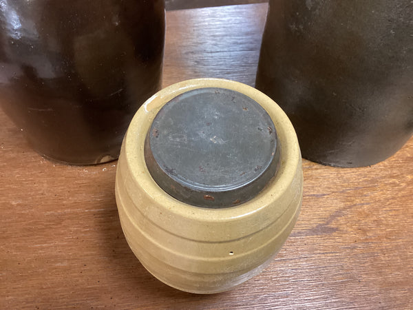 American Yellow Ware 1 Pint Wax Sealer Canning Crock w/ Metal Lid