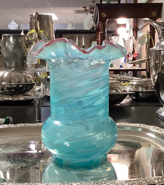 Fenton Aqua Blue Swirl Glass Vase Ruffled Edge Red Trim