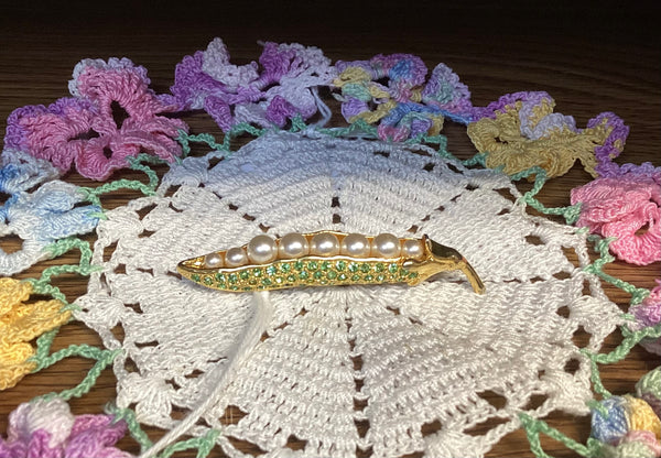 Vintage Gold-tone Pave Crystal Pea Pod Brooch