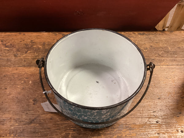 Blue & White Enamelware Berry Bucket w/ Swinging Handle