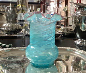 Fenton Aqua Blue Swirl Glass Vase Ruffled Edge Red Trim