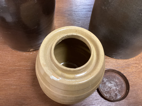 American Yellow Ware 1 Pint Wax Sealer Canning Crock w/ Metal Lid