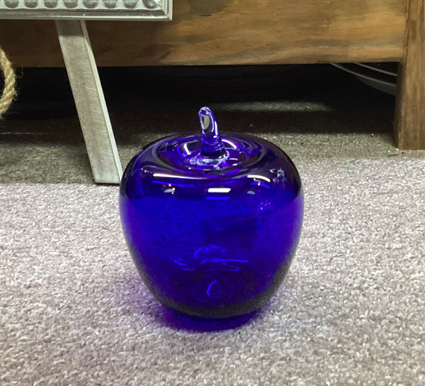 Blenko Cobalt Blue Blown Glass Apple Paperweight