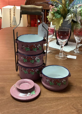 Vintage 4pc Stacking Enamel Lunch Pail Set