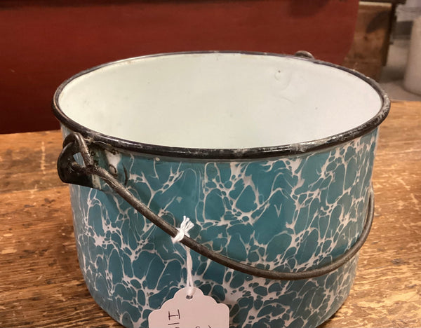 Blue & White Enamelware Berry Bucket w/ Swinging Handle