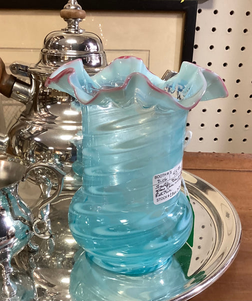 Fenton Aqua Blue Swirl Glass Vase Ruffled Edge Red Trim