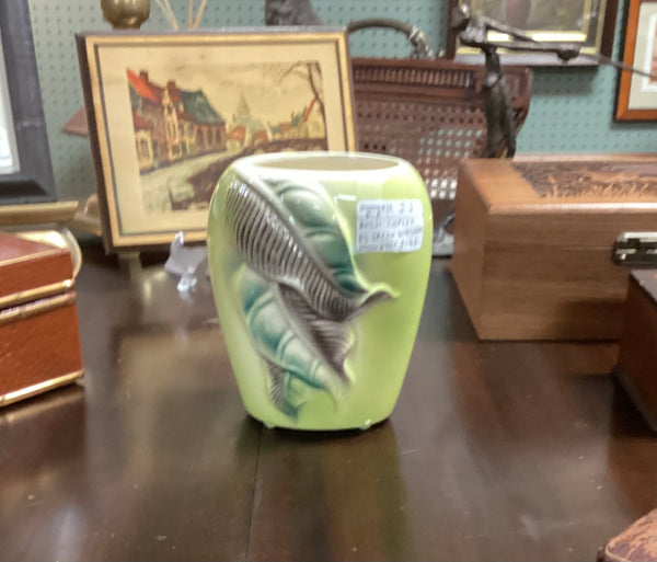 Royal Copley Chartreuse Green Vase w/ Leaves Decoration