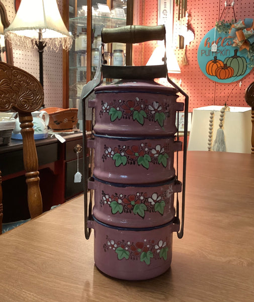 Vintage 4pc Stacking Enamel Lunch Pail Set