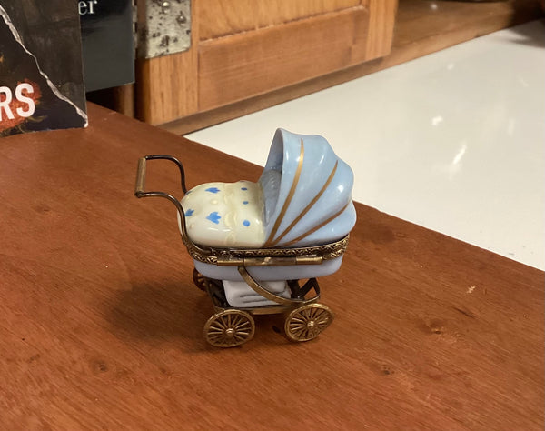 Limoges Hinged Porcelain Trinket Box Pram w/ Sleeping Baby
