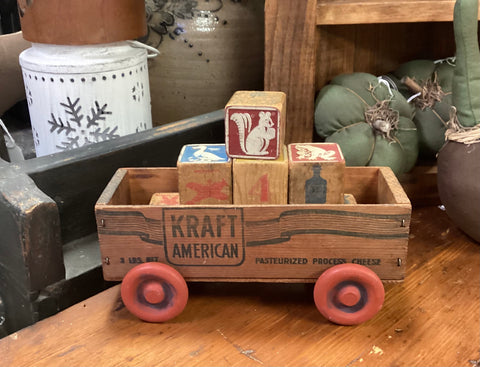 Wooden Kraft American Cheese Box Wagon w/ Vintage Blocks