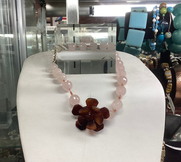 Rose Quartz Beaded Necklace w/Flower Decoration Gold on Sterling