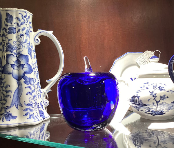 Blenko Cobalt Blue Blown Glass Apple Paperweight