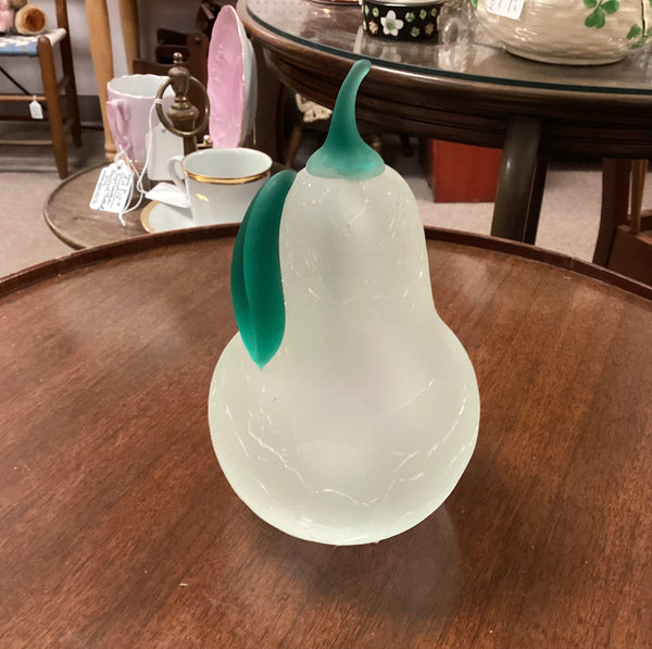 Clear Crackle Glass Pear Paperweight w/ Green Leaf