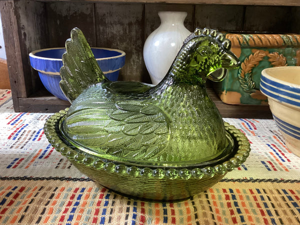 Indiana Glass Hen on Nest Dish Olive Green
