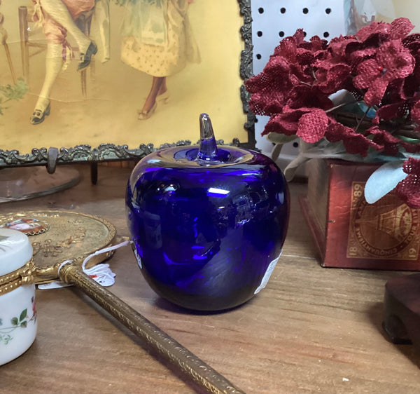 Blenko Cobalt Blue Blown Glass Apple Paperweight