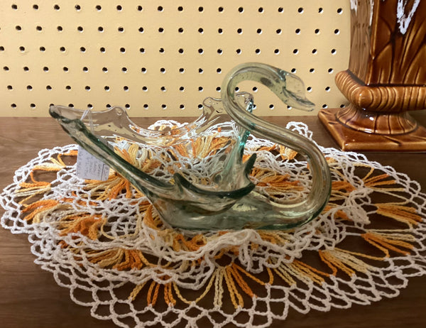 Green Blown Glass Candy Dish Swan