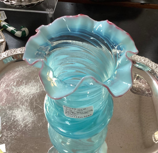 Fenton Aqua Blue Swirl Glass Vase Ruffled Edge Red Trim