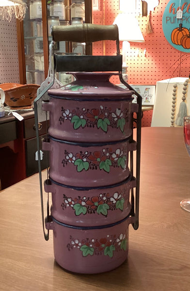 Vintage 4pc Stacking Enamel Lunch Pail Set