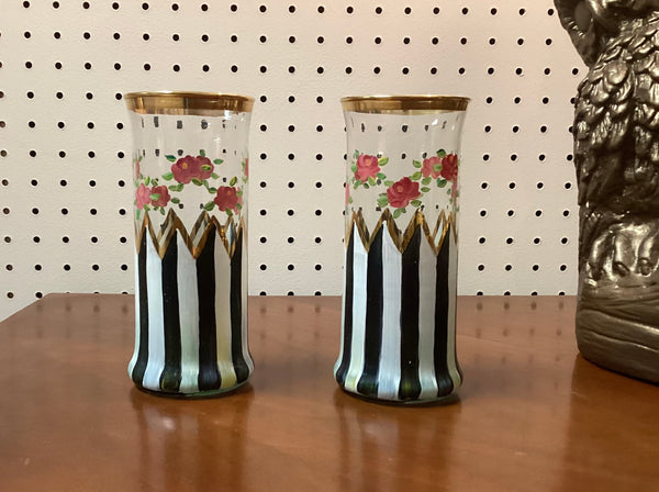 Pair McKenzie Childs Hand Painted Artisan Highball Glasses