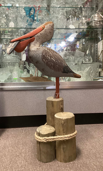 Carved Painted Wood Pelican on Base