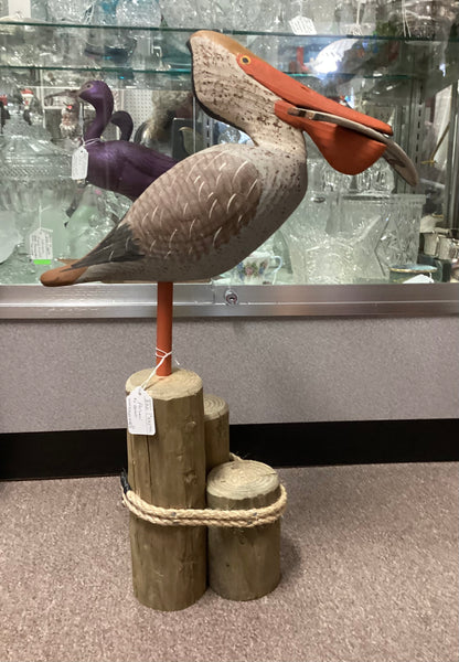 Carved Painted Wood Pelican on Base