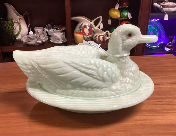 Westmoreland Green Milk Glass Duck on a Nest Covered Candy Dish