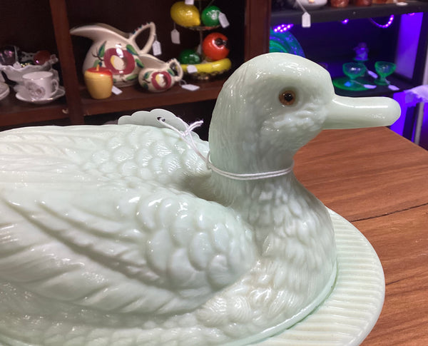 Westmoreland Green Milk Glass Duck on a Nest Covered Candy Dish