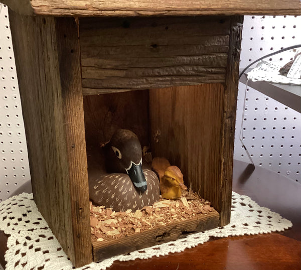 Carved Wood Duck w/ Baby in Lighted Shelter