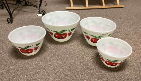 Fire King Apples & Cherries 4 Piece Splash Proof Mixing Bowl Set