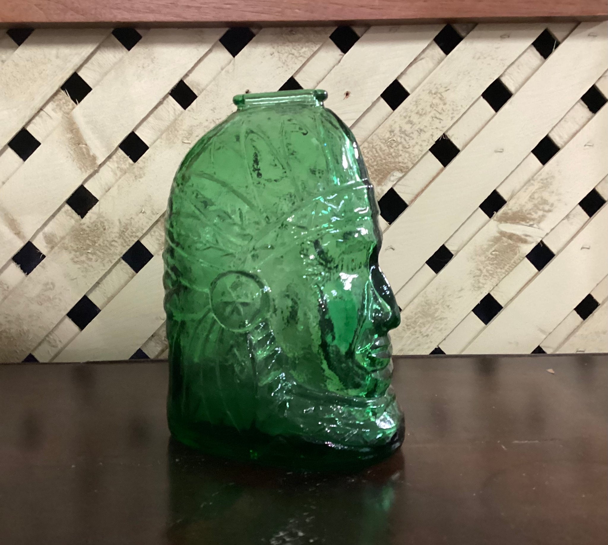 Wheaton Vintage 1970 Green Glass Indian Head Coin Bank