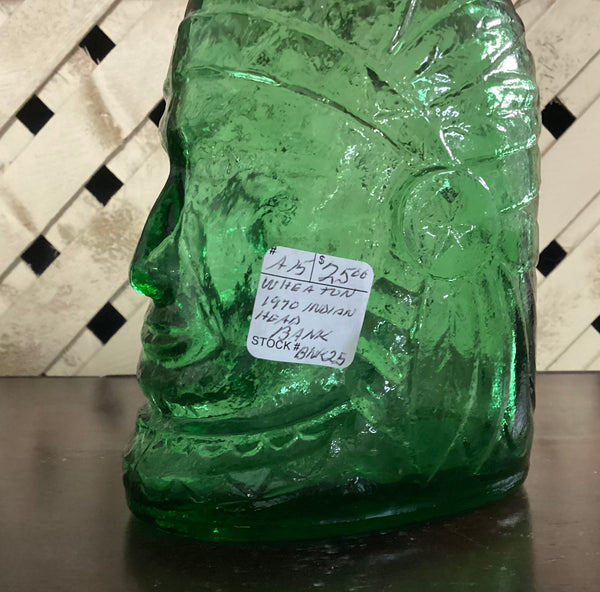 Wheaton Vintage 1970 Green Glass Indian Head Coin Bank