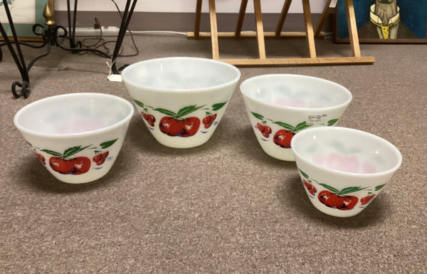 Fire King Apples & Cherries 4 Piece Splash Proof Mixing Bowl Set