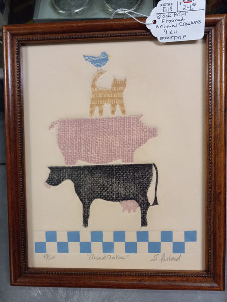 Framed Block Print with Cow, Pig, Cat, and Bird